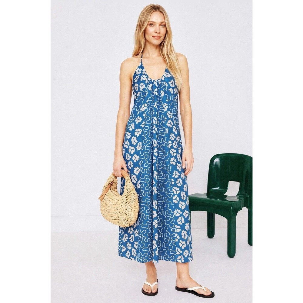 Rebecca Taylor Perla Tank Silk Midi Dress Blue Floral Halter Size Large